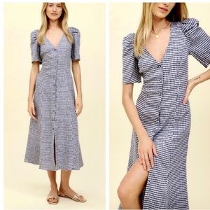 Reformation Newbury Linen Midi Vneck Puff Sleeve Vneck dress in Blue, NWT